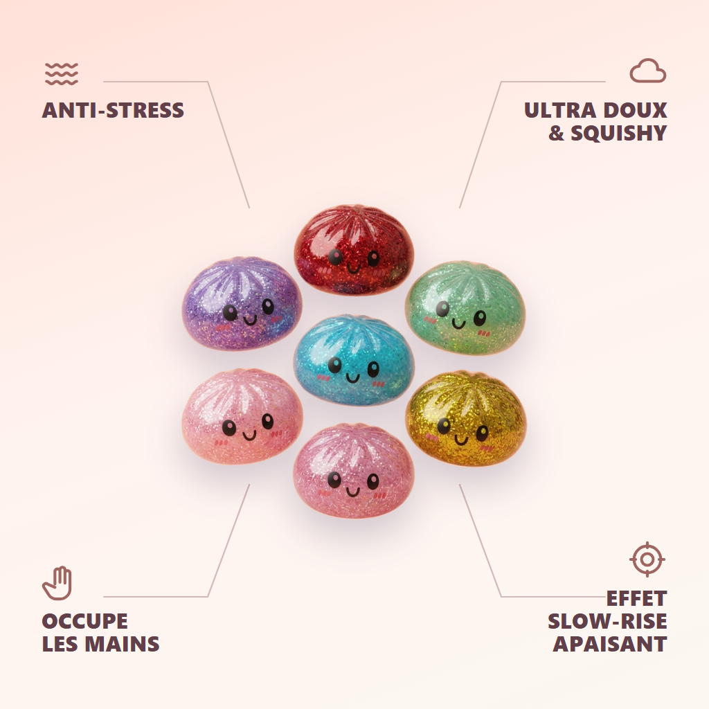 Glitter Dumpling Squishy Set 6-pack — dess fördelar