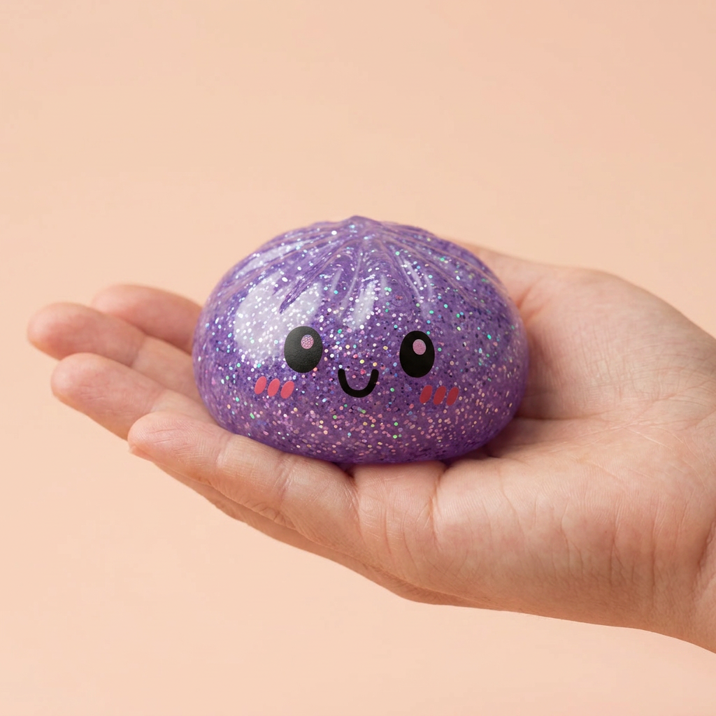 Glitter Dumpling Squishy Set 6-pack i handen, verklig storlek