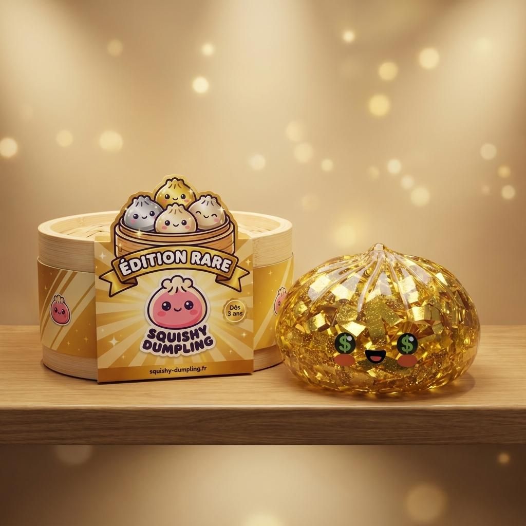 Gold Dumpling Squishy Sällsynt Utgåva i sin kawaii-miljö
