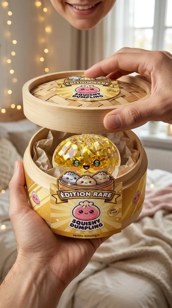 Gold Dumpling Squishy Sällsynt Utgåva i unboxing-ögonblicket