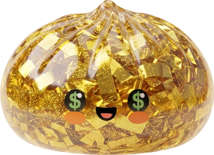 Gold Dumpling Squishy Sällsynt Utgåva — i klämmet, mjukt slow-rise-skum