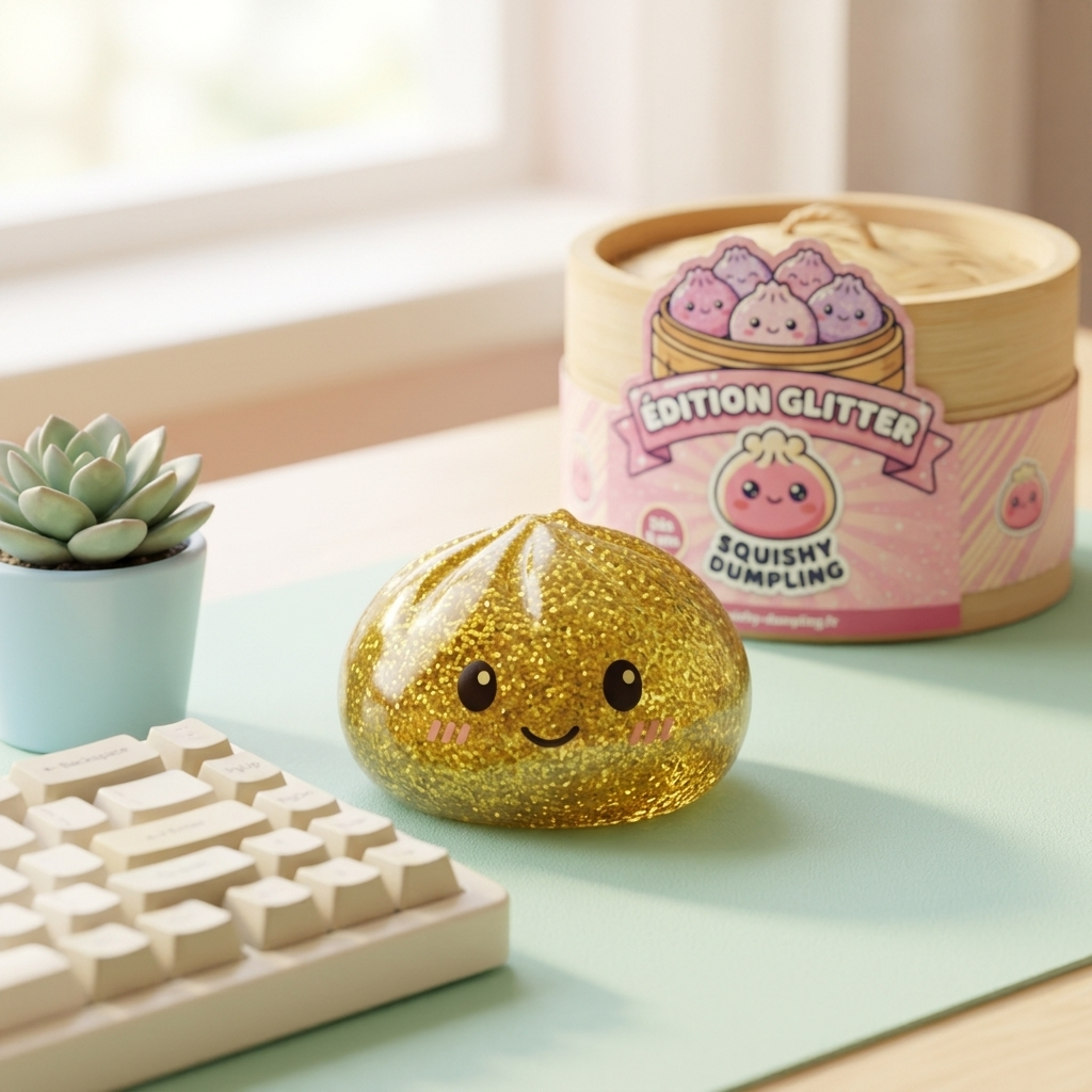 Glitter Dumpling Squishy Guld Deluxe i sin kawaii-miljö