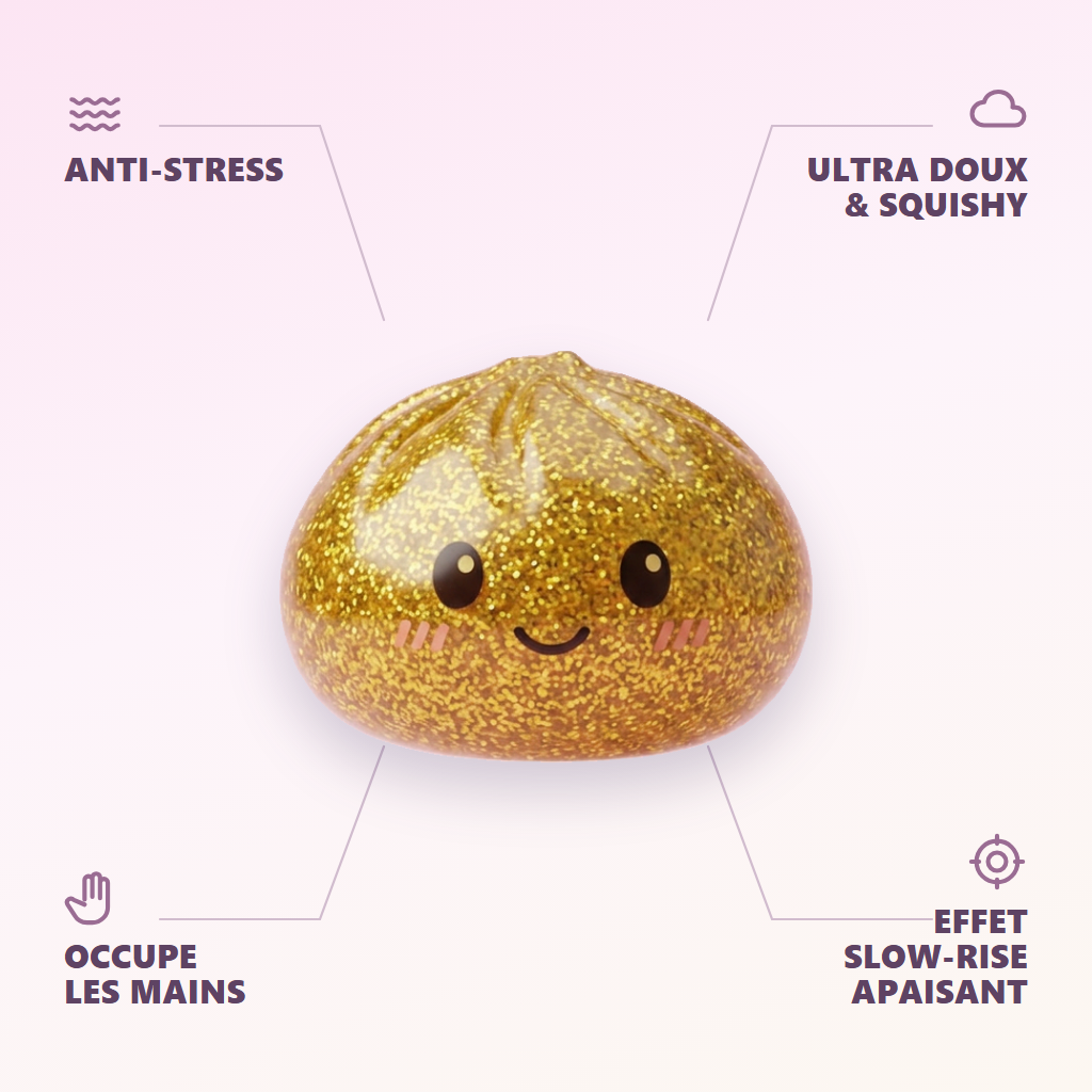Glitter Dumpling Squishy Guld Deluxe — dess fördelar