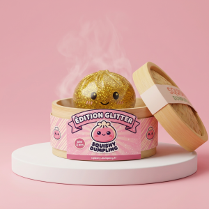 Glitter Dumpling Squishy Guld Deluxe i sin bambu-ångkorg