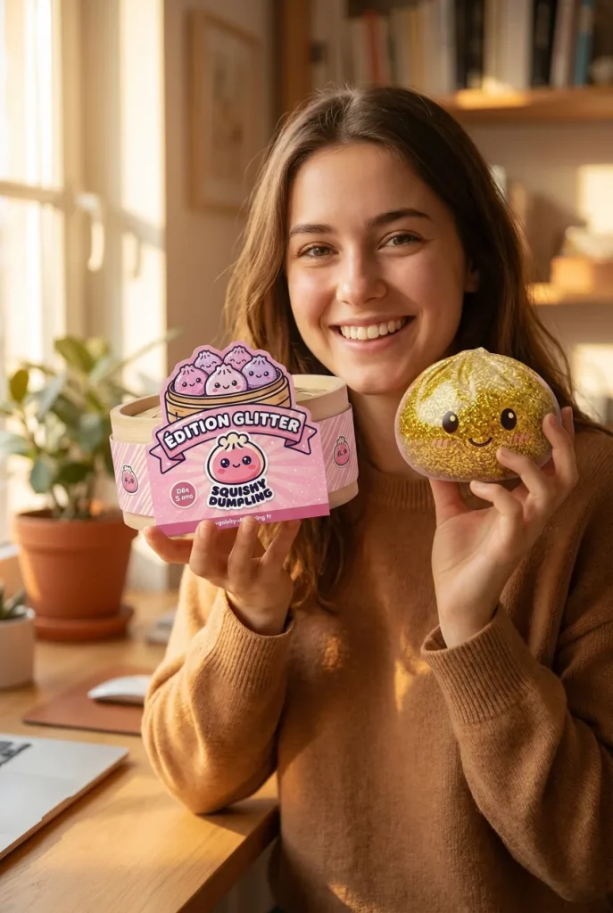 Glitter Dumpling Squishy Guld Deluxe med sin ask