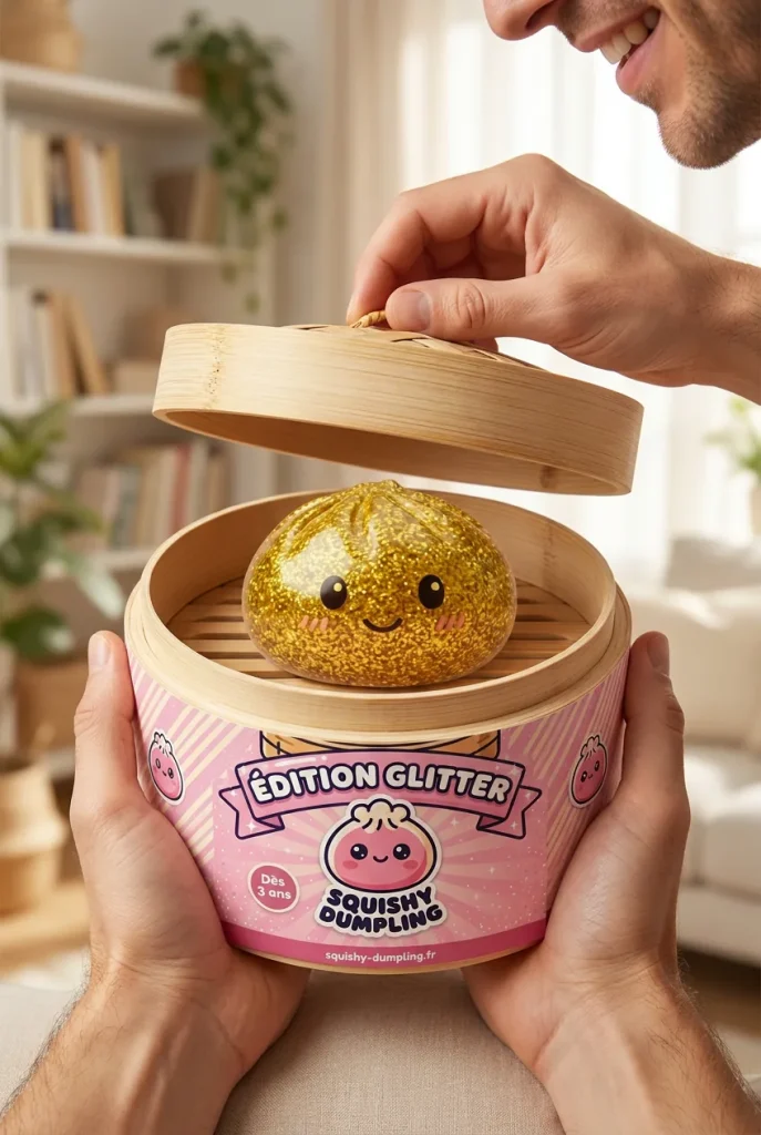 Glitter Dumpling Squishy Guld Deluxe i unboxing-ögonblicket