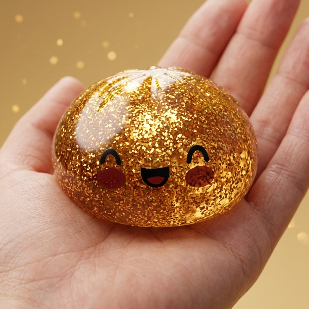 Glitter Dumpling Squishy Gold – Unik Skatt i handen, verklig storlek