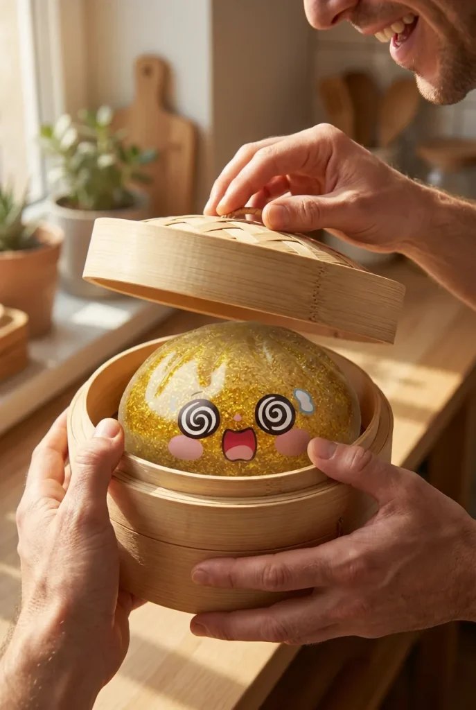 Gold Dumpling Squishy Lycka i unboxing-ögonblicket