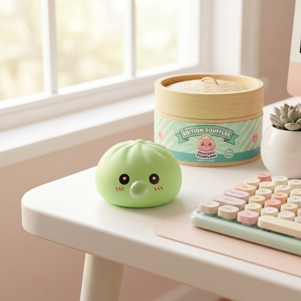Dumpling Squishy Grön med Bambukorg i sin kawaii-miljö