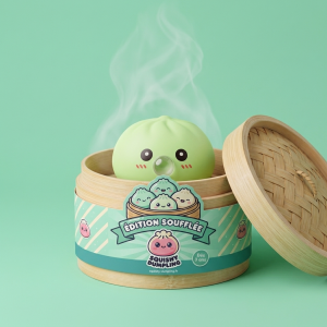 Dumpling Squishy Grön med Bambukorg i sin bambu-ångkorg