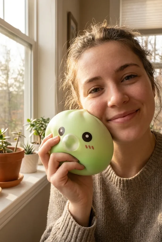 Dumpling Squishy Grön med Bambukorg i vardagen