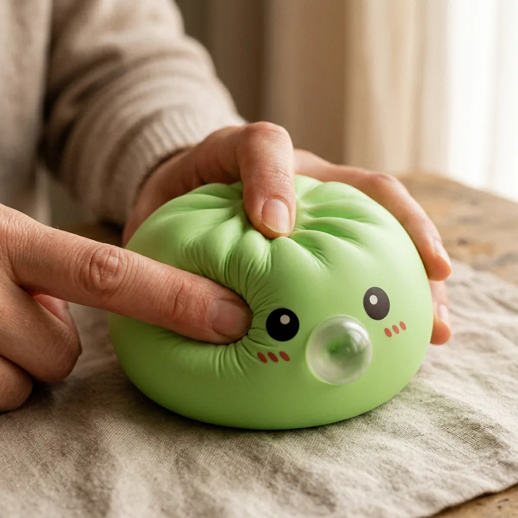 Dumpling Squishy Grön med Bambukorg mitt i klämmet