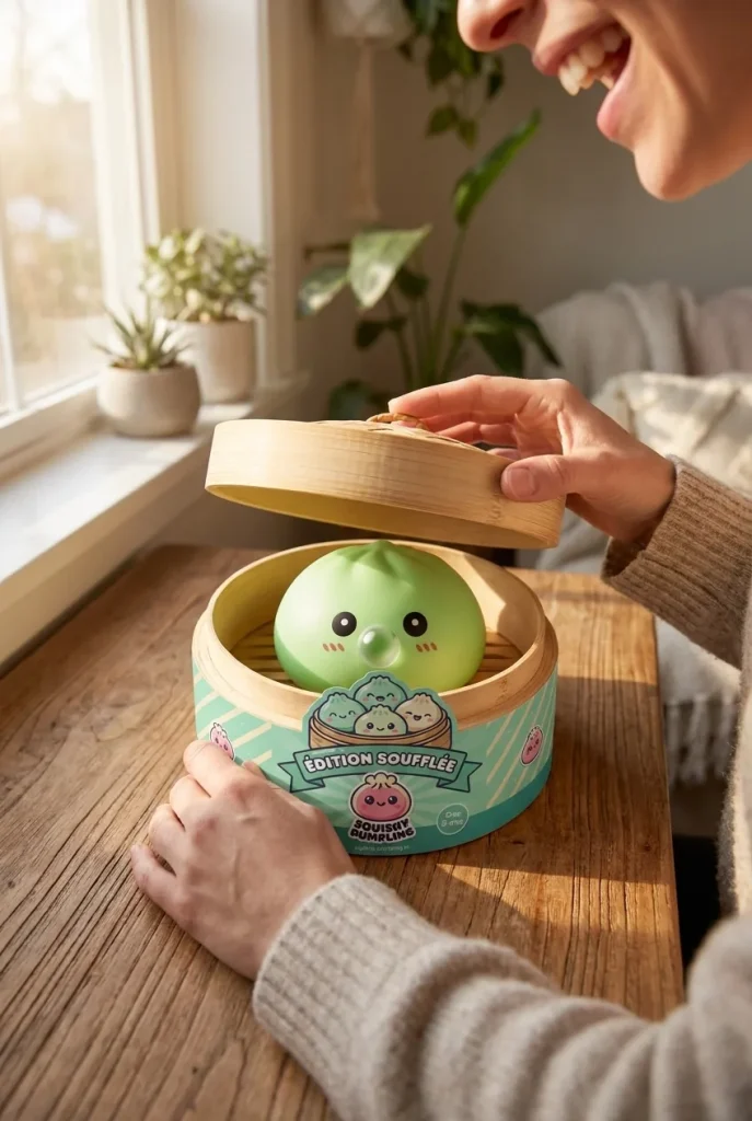 Dumpling Squishy Grön med Bambukorg i unboxing-ögonblicket