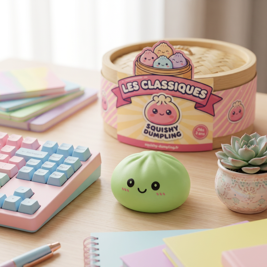 Dumpling Squishy Matcha Grön i sin kawaii-miljö