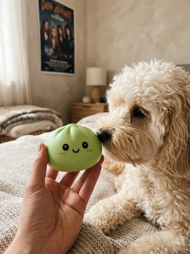 Dumpling Squishy Matcha Grön med en gosedjursvän