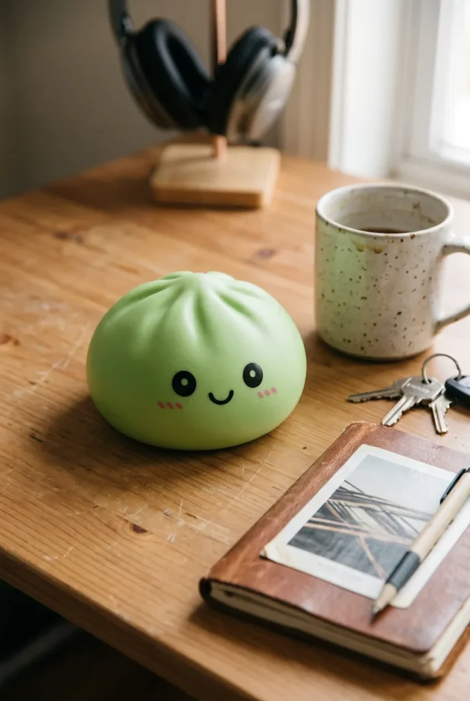 Dumpling Squishy Matcha Grön på skrivbordet