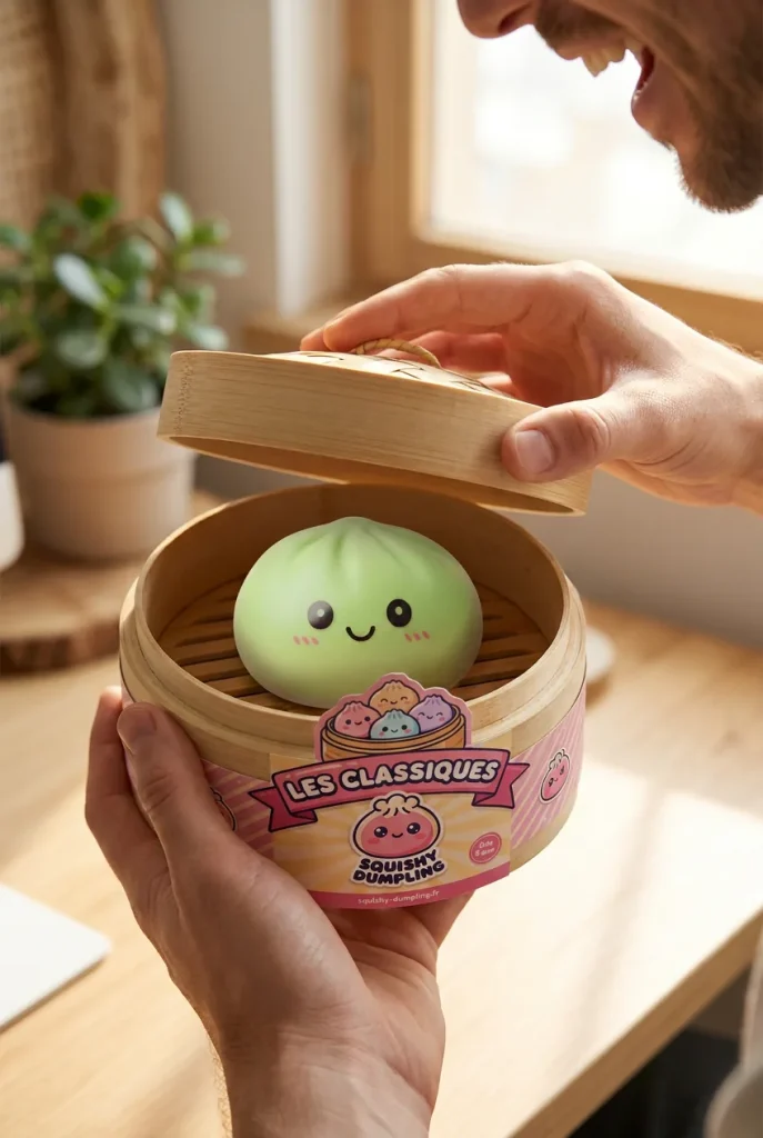 Dumpling Squishy Matcha Grön i unboxing-ögonblicket