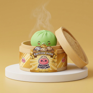Dumpling Squishy Matcha Grön Rare Blow i sin bambu-ångkorg