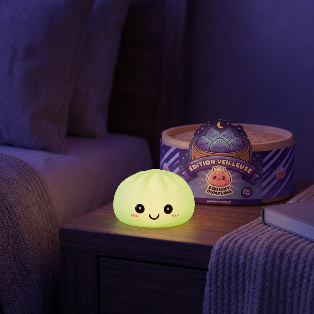 Dumpling Squishy Nattlampa Grön Lysande i sin kawaii-miljö
