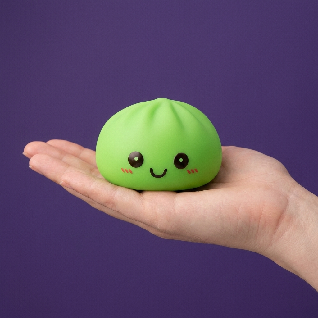 Dumpling Squishy Nattlampa Grön Lysande i handen, verklig storlek