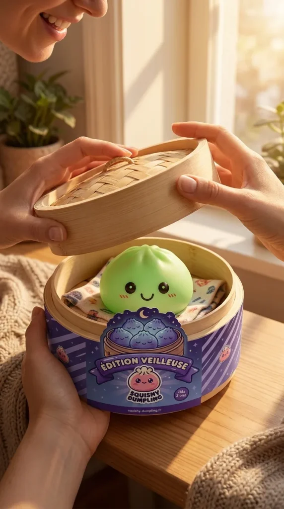 Dumpling Squishy Nattlampa Grön Lysande i unboxing-ögonblicket