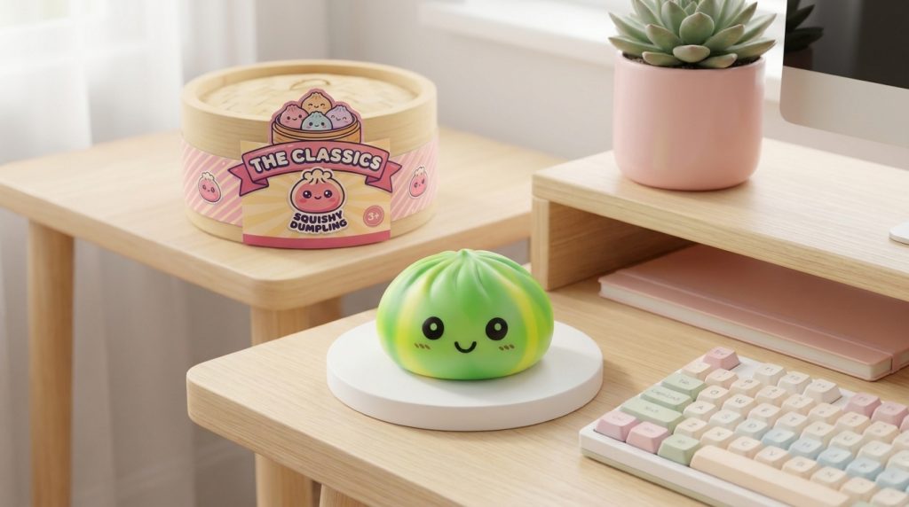 Tie Dye Dumpling Squishy Grön Virvel i sin kawaii-miljö