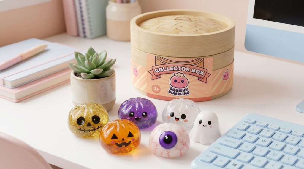 Dumpling Squishy Halloween Set de 5 i sin kawaii-miljö
