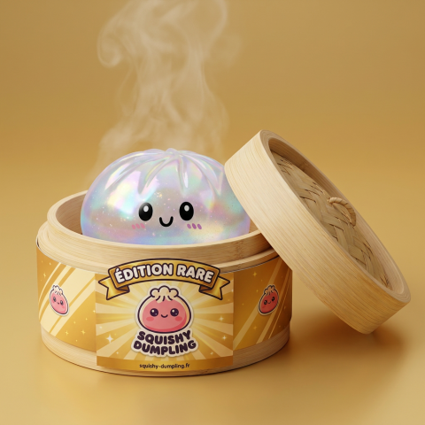 Holographic Dumpling Squishy Regnbågsskimmer i sin bambu-ångkorg