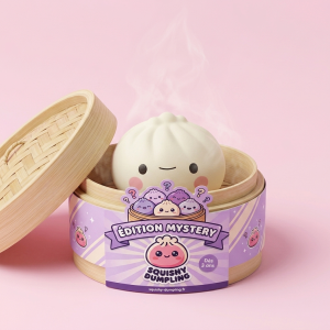 Dumpling Squishy Mystery Box 12-pack i sin bambu-ångkorg