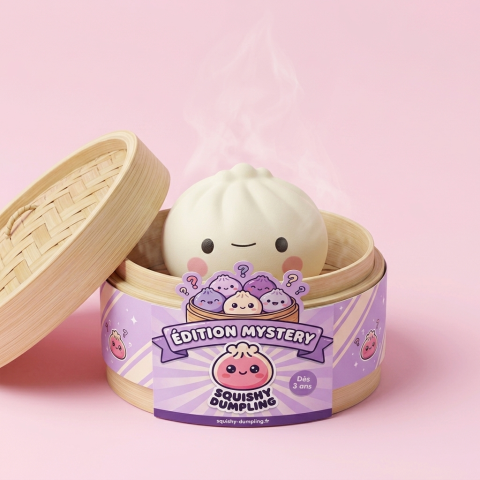 Dumpling Squishy Mystery Box 12-pack i sin bambu-ångkorg