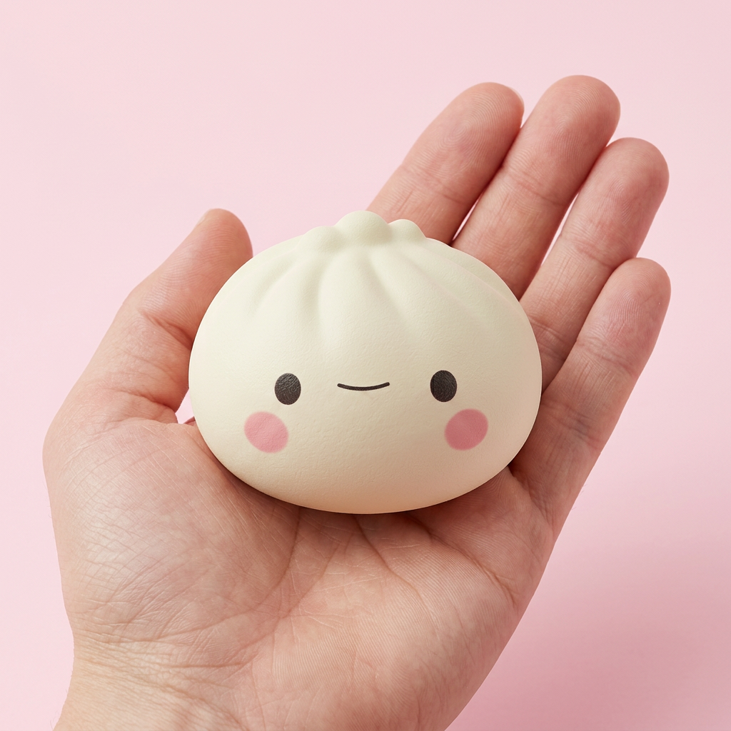 Dumpling Squishy Mystery Box 12-pack i handen, verklig storlek