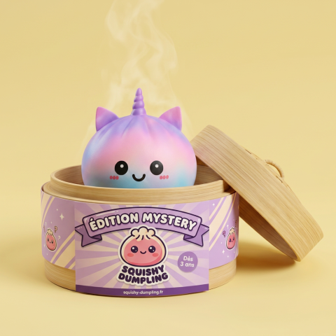Jumbo Dumpling Squishy Unicorn Regnbåge i sin bambu-ångkorg