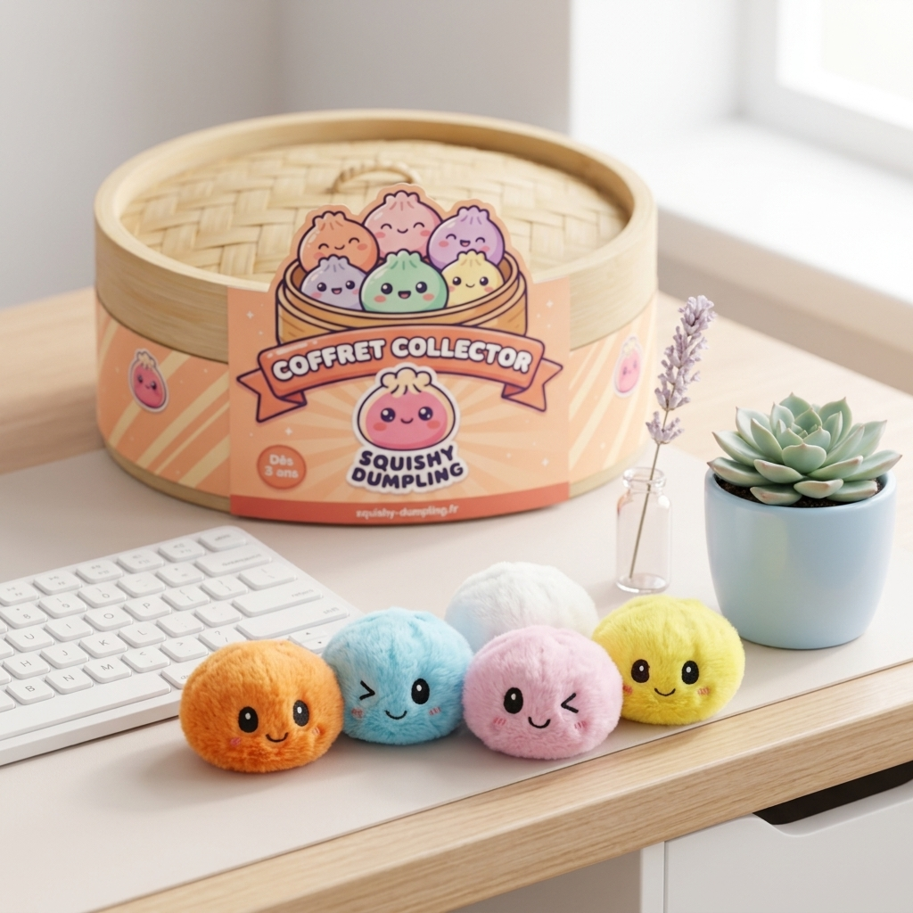 Dumpling Squishy Nyckelring 6-pack Plysch i sin kawaii-miljö