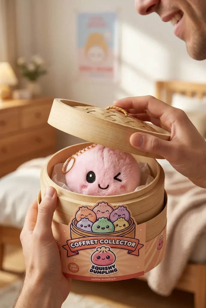 Dumpling Squishy Nyckelring 6-pack Plysch i unboxing-ögonblicket