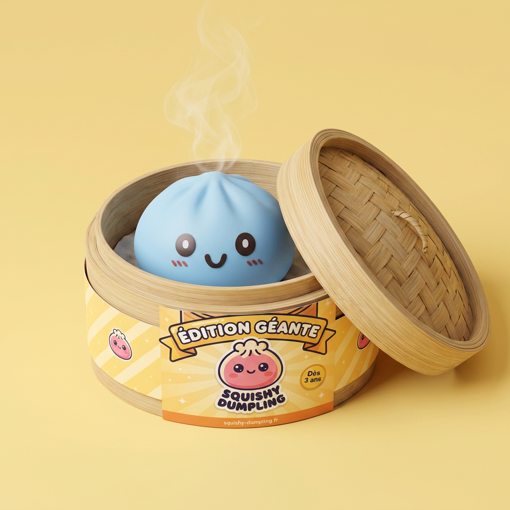 Dumpling Squishy Jumbo Blå i sin bambu-ångkorg