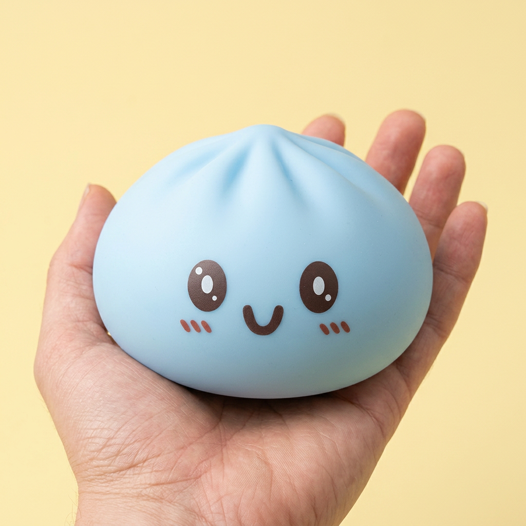 Dumpling Squishy Jumbo Blå i handen, verklig storlek