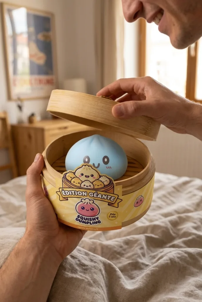 Dumpling Squishy Jumbo Blå i unboxing-ögonblicket