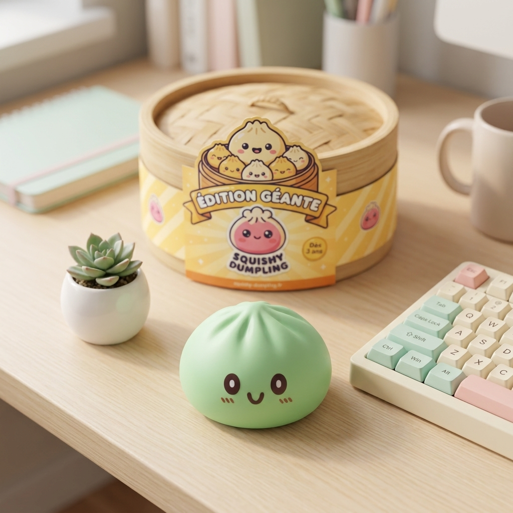 Giant Green Dumpling Squishy XXL i sin kawaii-miljö