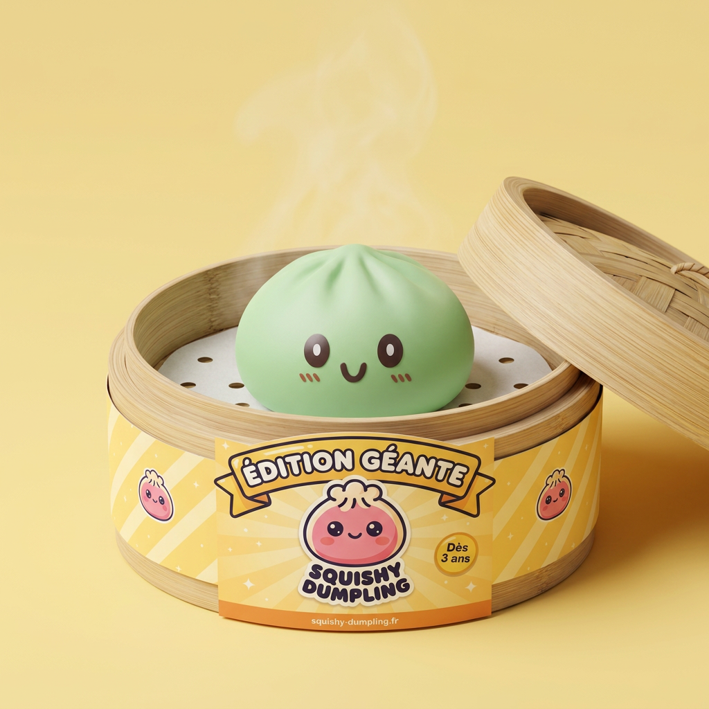 Giant Green Dumpling Squishy XXL i sin bambu-ångkorg