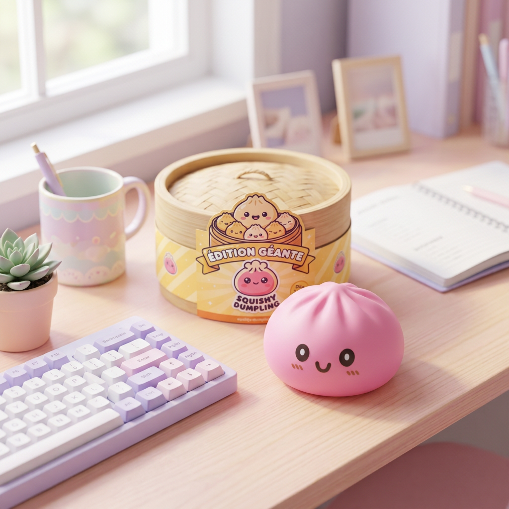 Dumpling Squishy Giant Rosa i sin kawaii-miljö