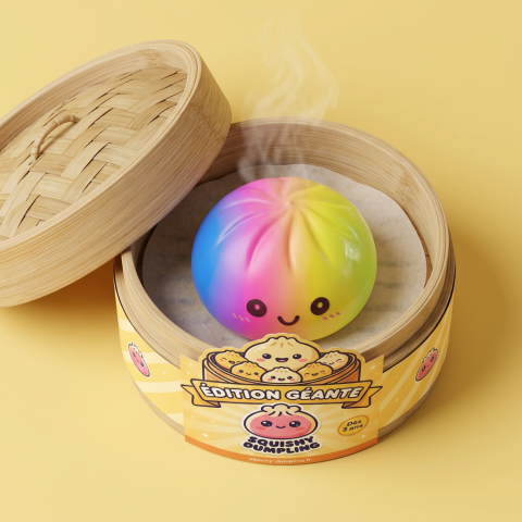 Rainbow Dumpling Squishy XXL i sin bambu-ångkorg