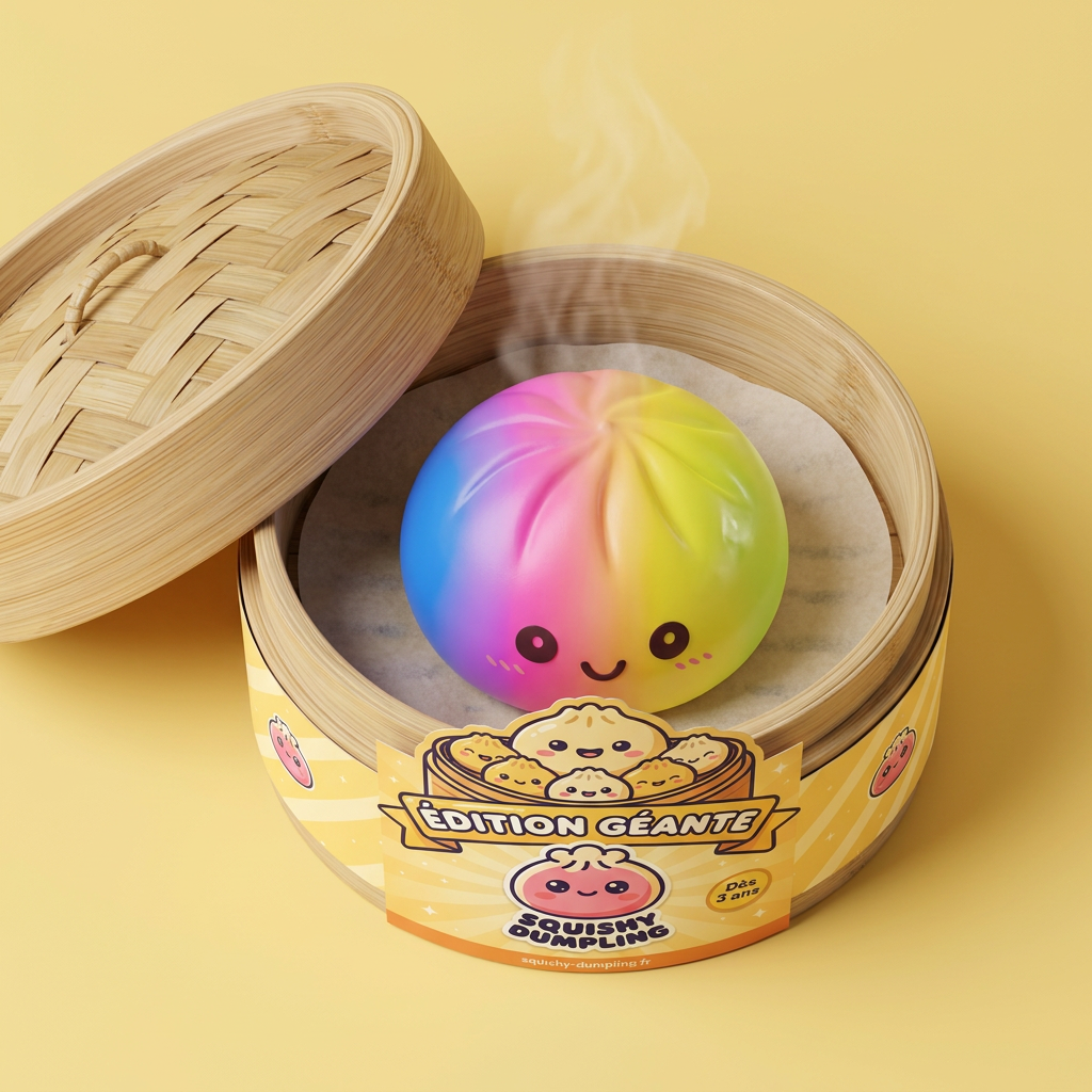 Rainbow Dumpling Squishy XXL i sin bambu-ångkorg