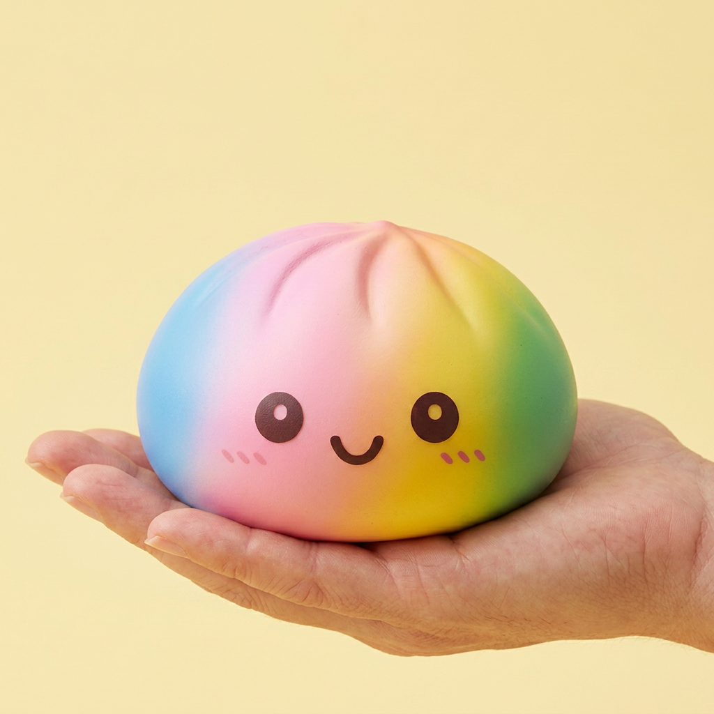 Rainbow Dumpling Squishy XXL i handen, verklig storlek