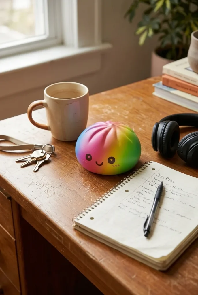 Rainbow Dumpling Squishy XXL på skrivbordet