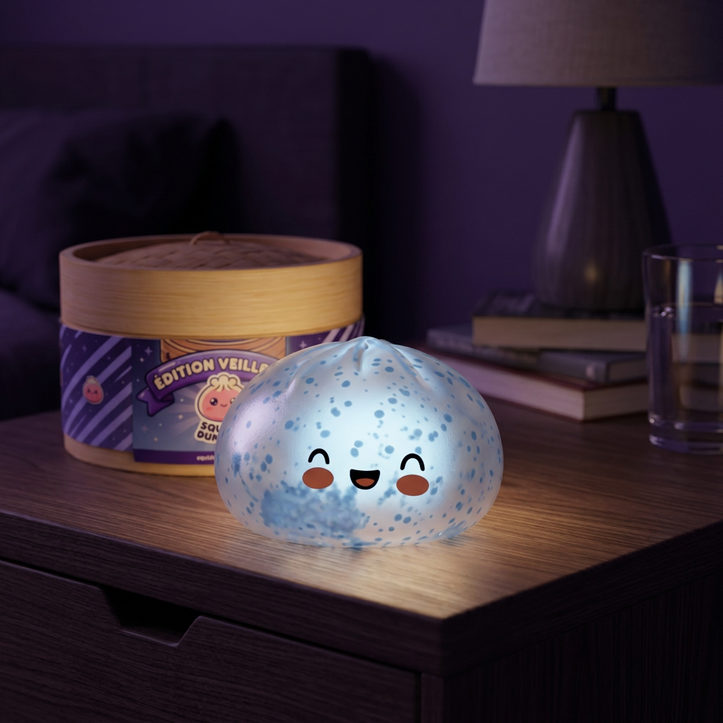 Dumpling Squishy Isblå Sparkle i sin kawaii-miljö