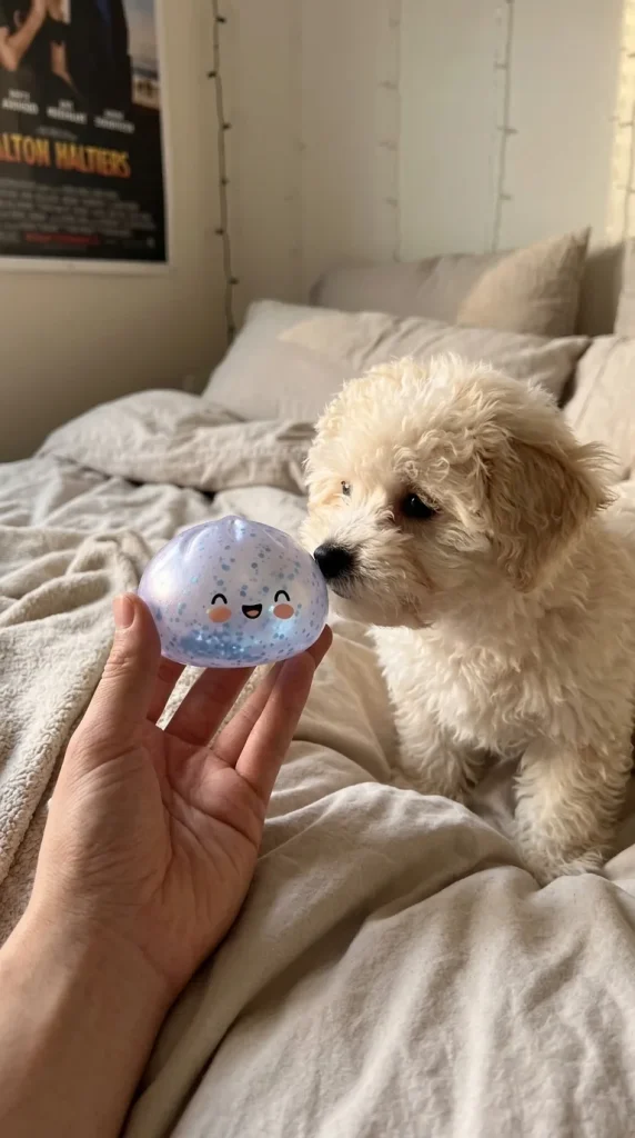 Dumpling Squishy Isblå Sparkle med en gosedjursvän