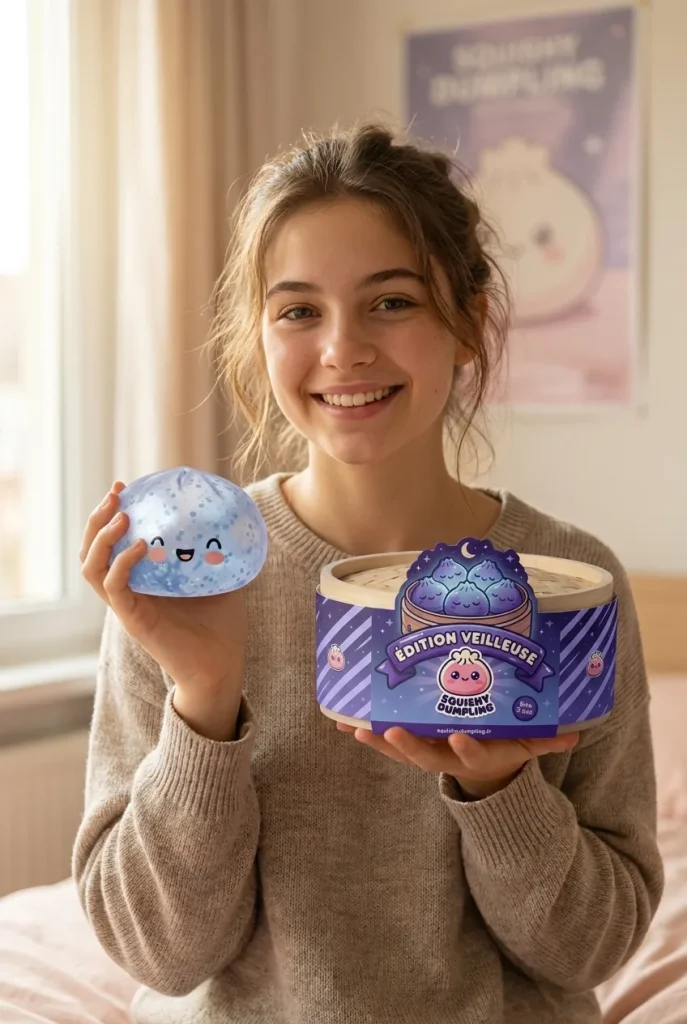 Dumpling Squishy Isblå Sparkle med sin ask