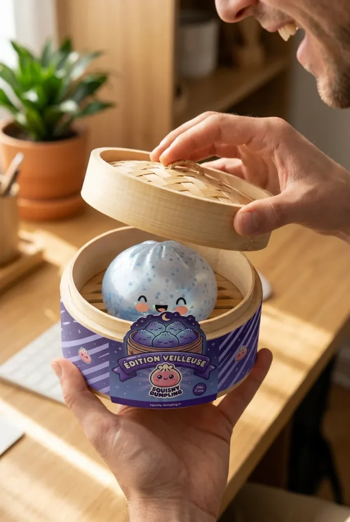 Dumpling Squishy Isblå Sparkle i unboxing-ögonblicket