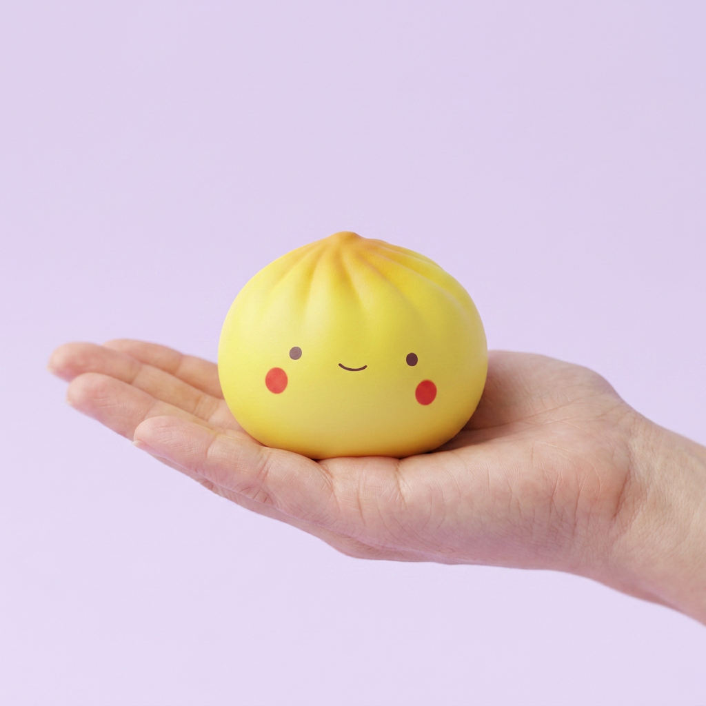 Dumpling Squishy Blind Box Mini 24-pack i handen, verklig storlek