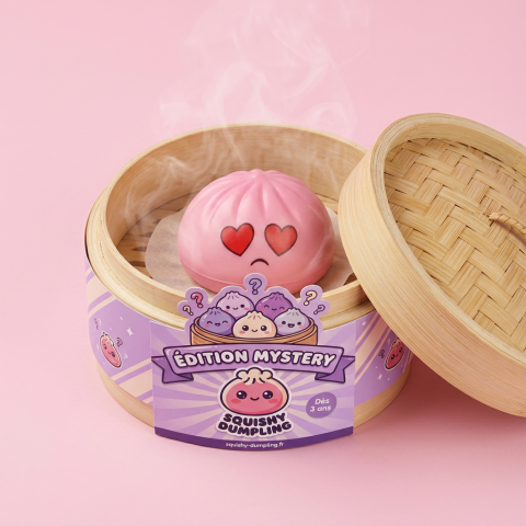 Mini Dumpling Squishy Mystery 3-pack i sin bambu-ångkorg